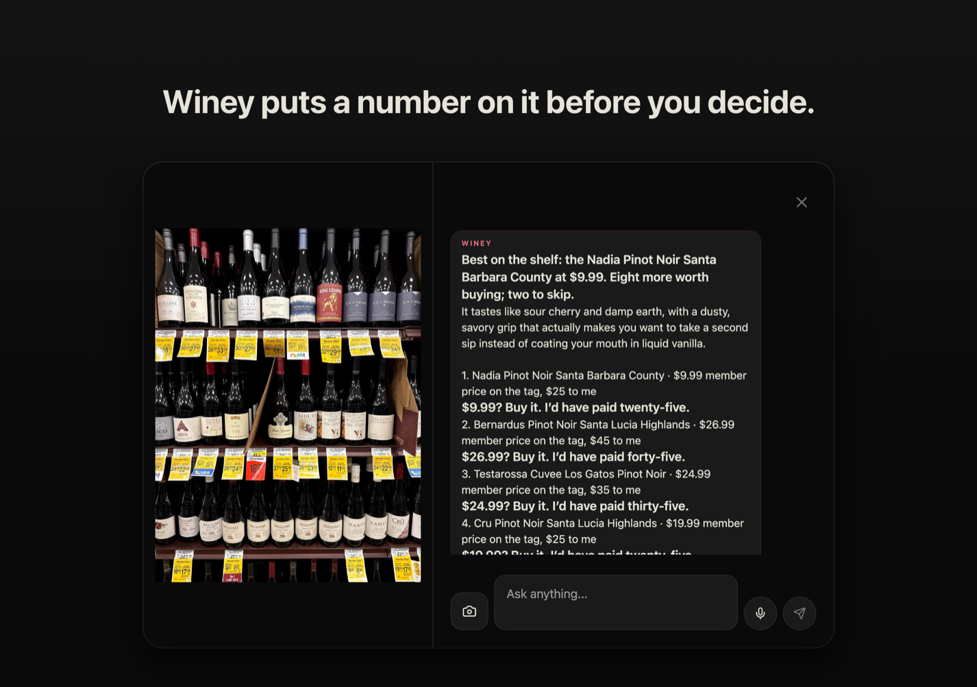 Winey puts a number on it before you decide. On the inner display, a photo of a wine shelf beside Winey’s ranking of it.